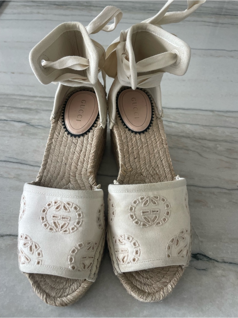 Gucci Cream Embroidered Espadrille Wedge Sandals with Ankle Ties